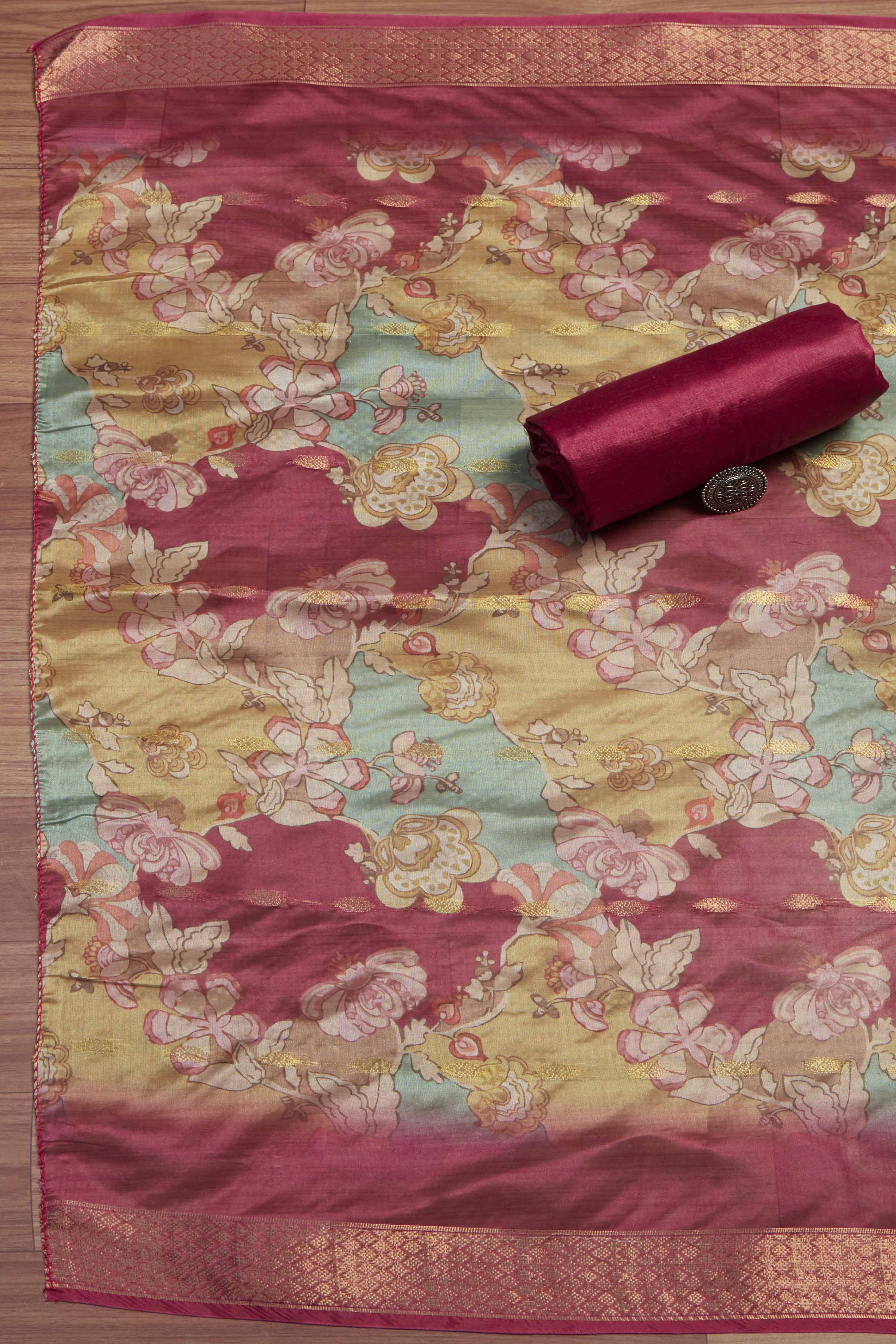 Wine Organza Unstitched Suit Set image number 3