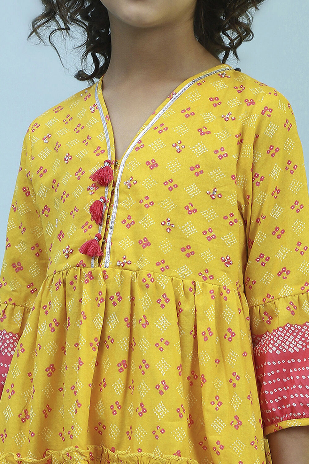 Yellow Cotton Printed Tiered Suit Set image number 1