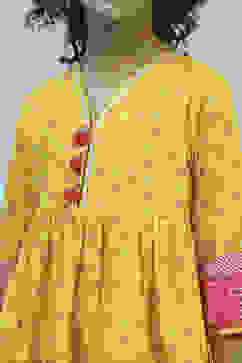 Yellow Cotton Printed Tiered Suit Set image number 1