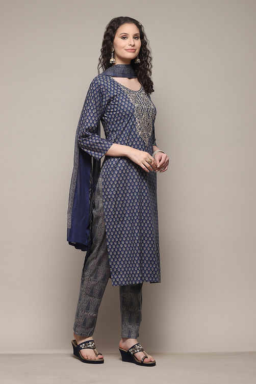 Blue Cotton Hand Embroidered Unstitched Suit Set image number 7