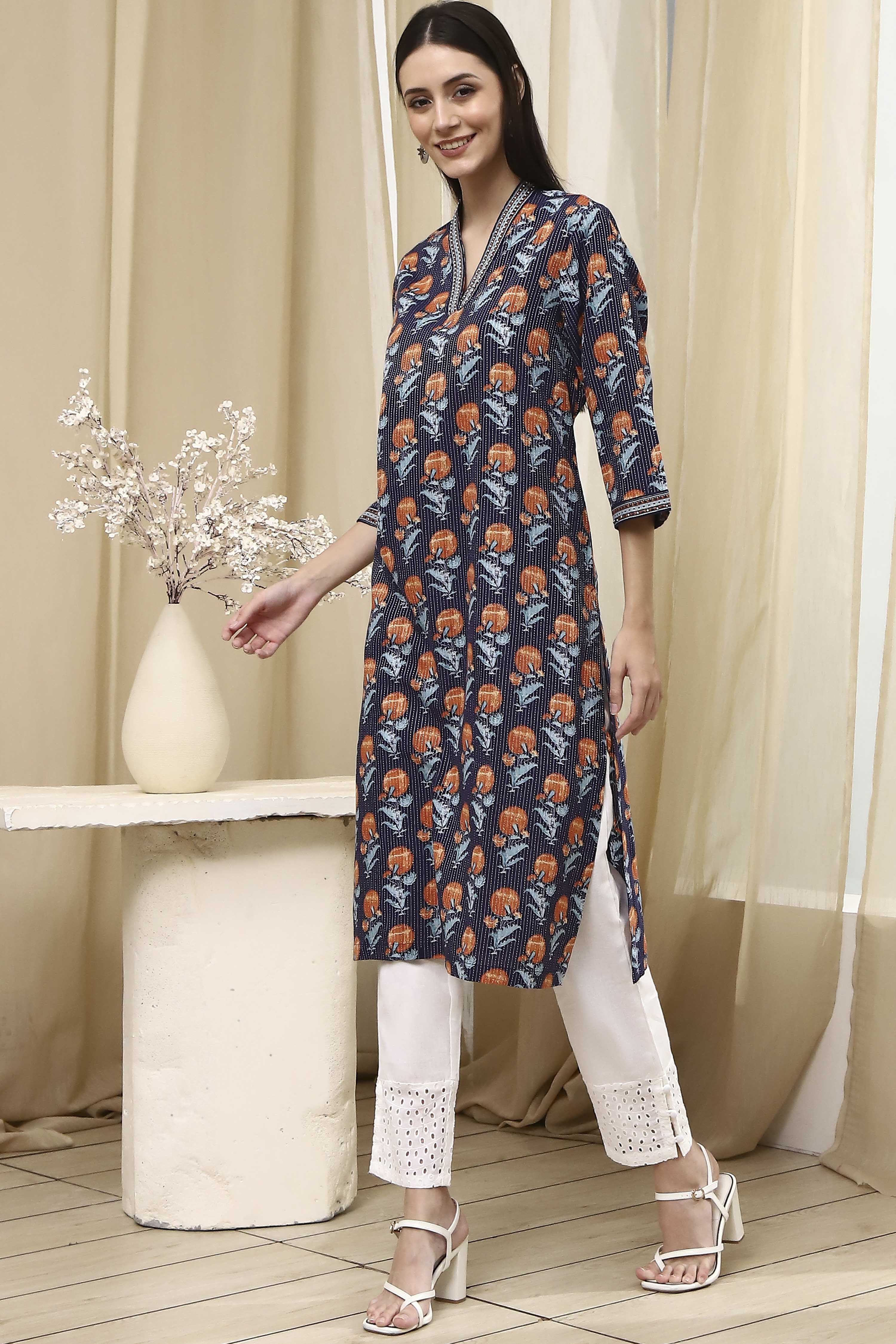 Blue Cotton Printed Straight Kurta image number 2