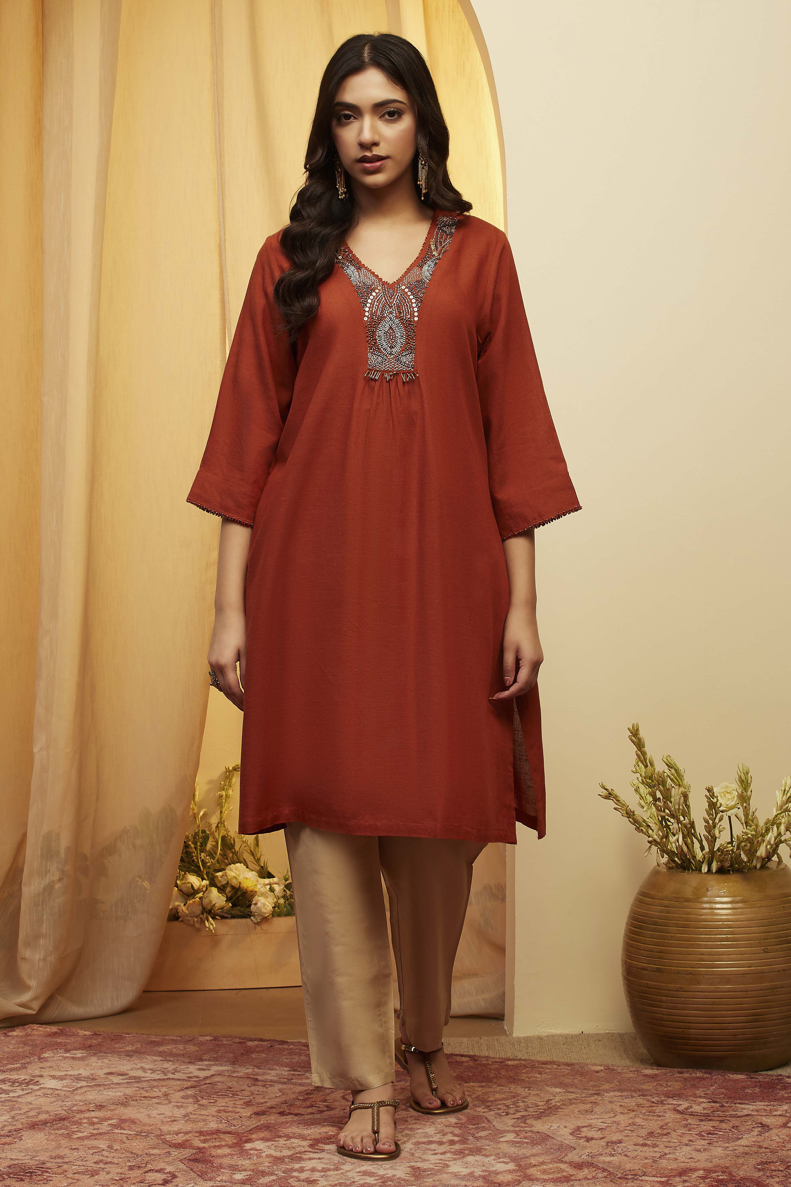 Rust Viscose Rayon Embellished Straight Kurta image number 5