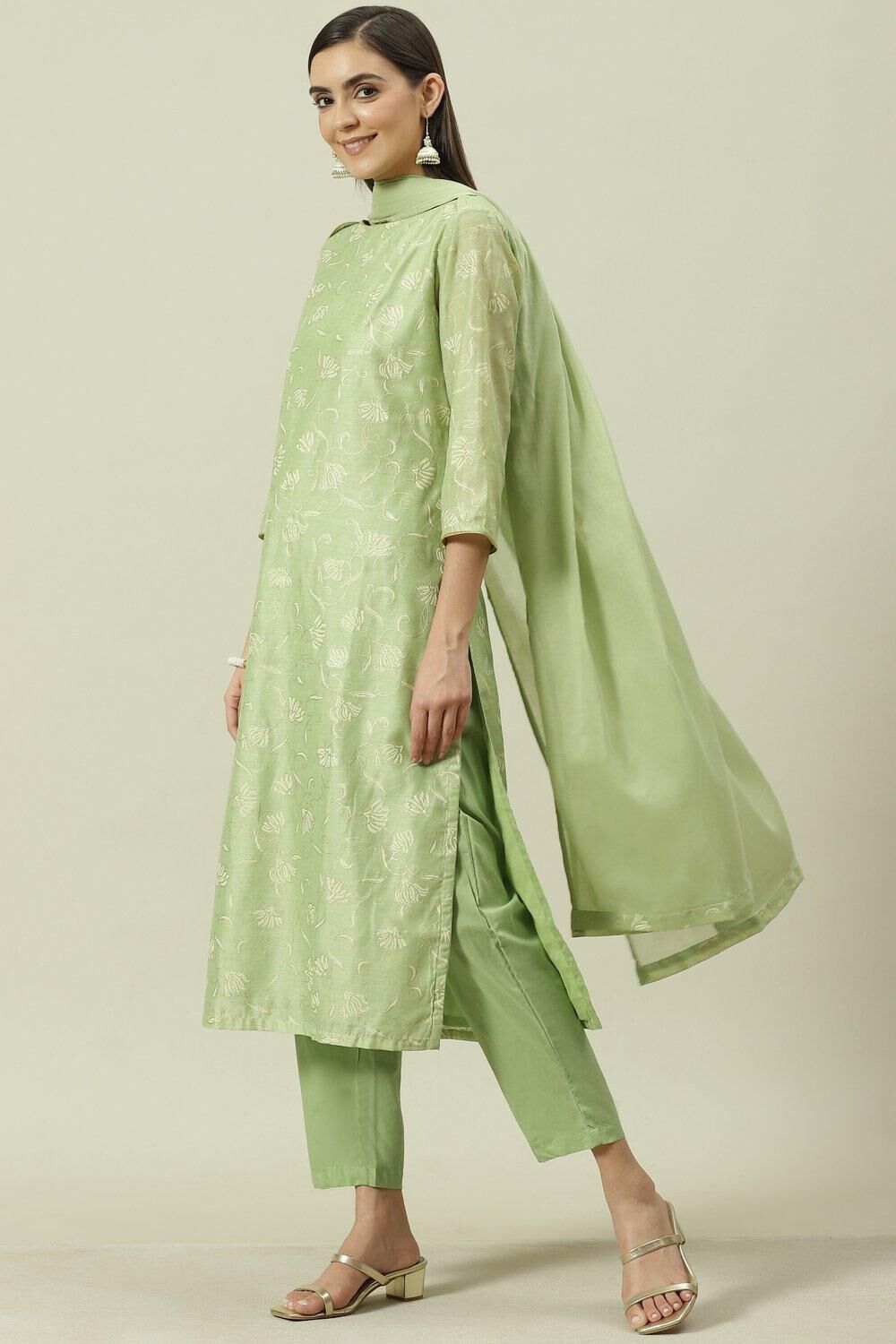 Sage Green Printed Straight Kurta Regular Pants Suit Set image number 5