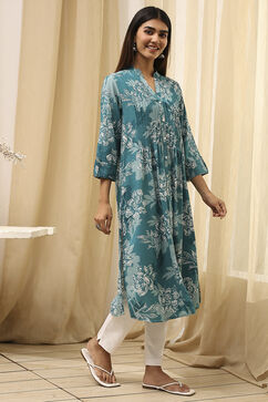 Teal LIVA Straight Printed Kurta image number 3