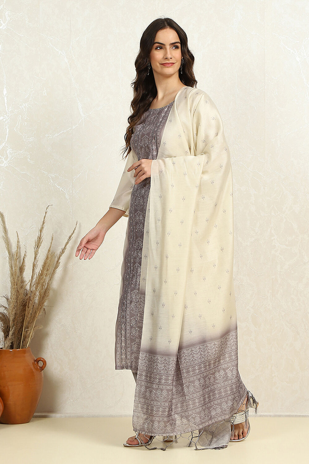 Grey and Off-White Chanderi Woven Unstitched Suit Set image number 4