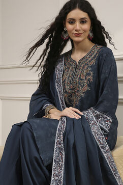 Teal Blue Blended Straight Printed Suit Set image number 0