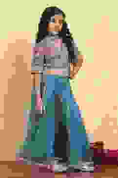 Blue Cotton Printed Kalidar Lehenga Set image number 4