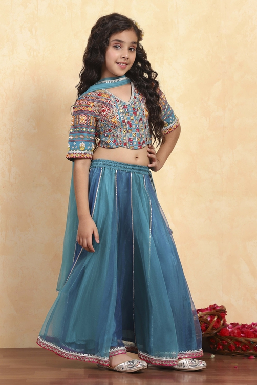 Blue Cotton Printed Kalidar Lehenga Set image number 4