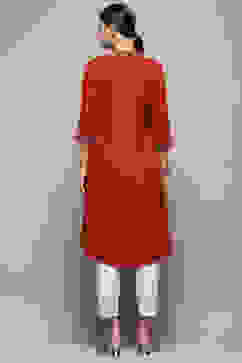 Rust Solid Regular Fit Straight Kurta image number 4