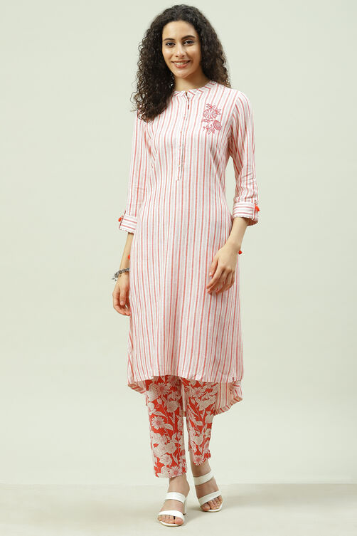 White Blue Cotton Asymmetric Kurta Set image number 0