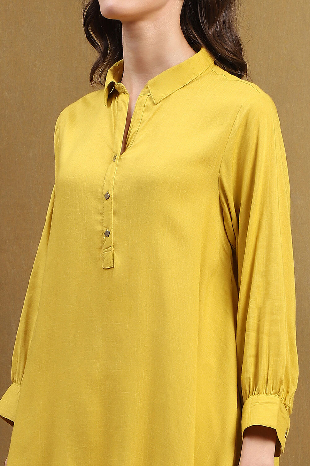 Mustard Yellow Solid Asymmetric Short Kurta image number 1