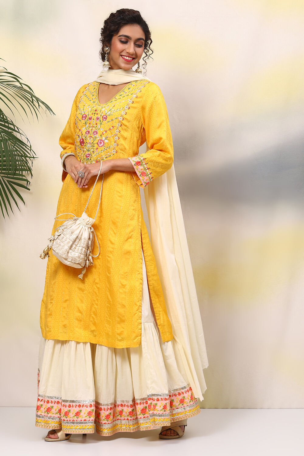 Yellow Viscose Straight Kurta Skirt Suit Set image number 0