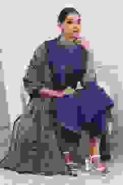 Indigo Cotton Solid Straight Suit Set image number 0