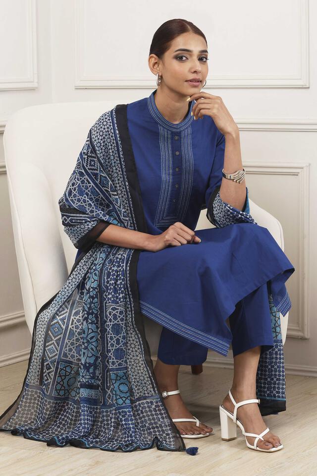 BIBA Blue Cotton Straight Suit Set in Indigo