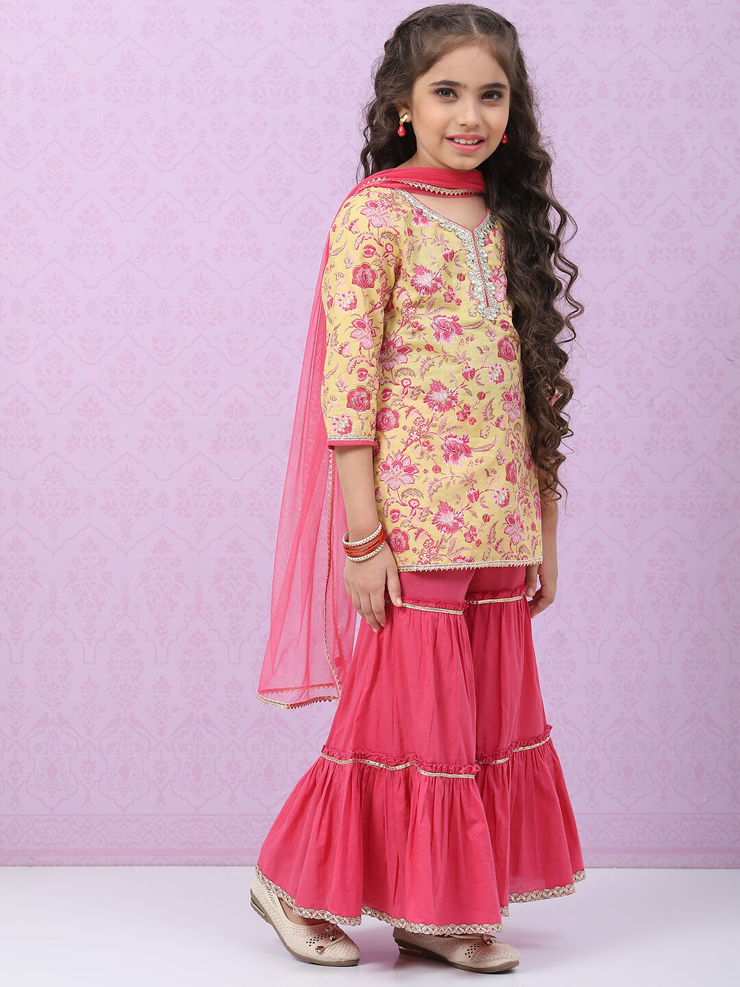 Yellow & Pink Cotton Lehenga Set image number 6