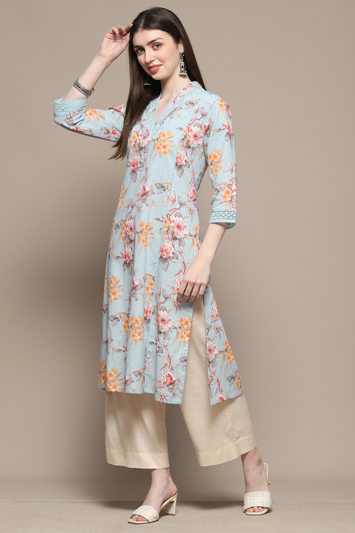 Turquoise Blue Floral Printed Straight Kurta image number 3
