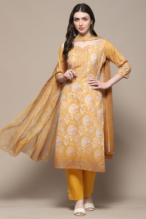 Mustard Cotton Blend Digital Print Unstitched Suit Set image number 1