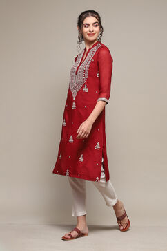 Green & Maroon Polyester Straight Yarndyed Kurta image number 2