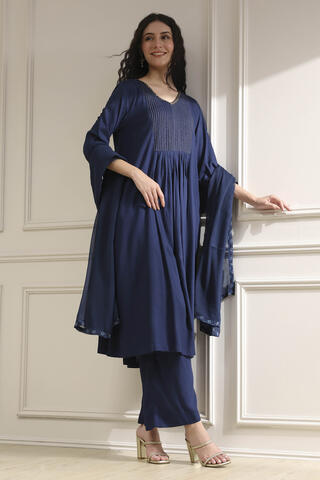 BIBA Blue Viscose Rayon Gathered Dyed Kurta Set in Blue