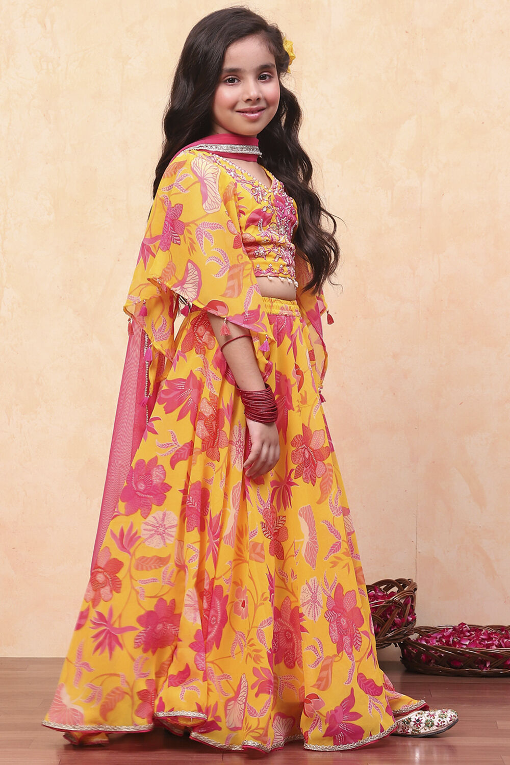 Yellow and Pink Georgette Floral Flared Lehenga Set image number 5