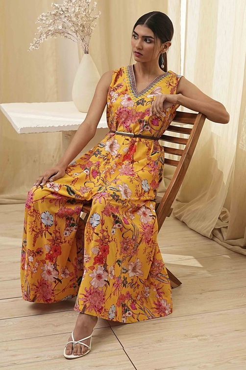 Yellow Cotton Floral Flared Jumpsuit image number 0