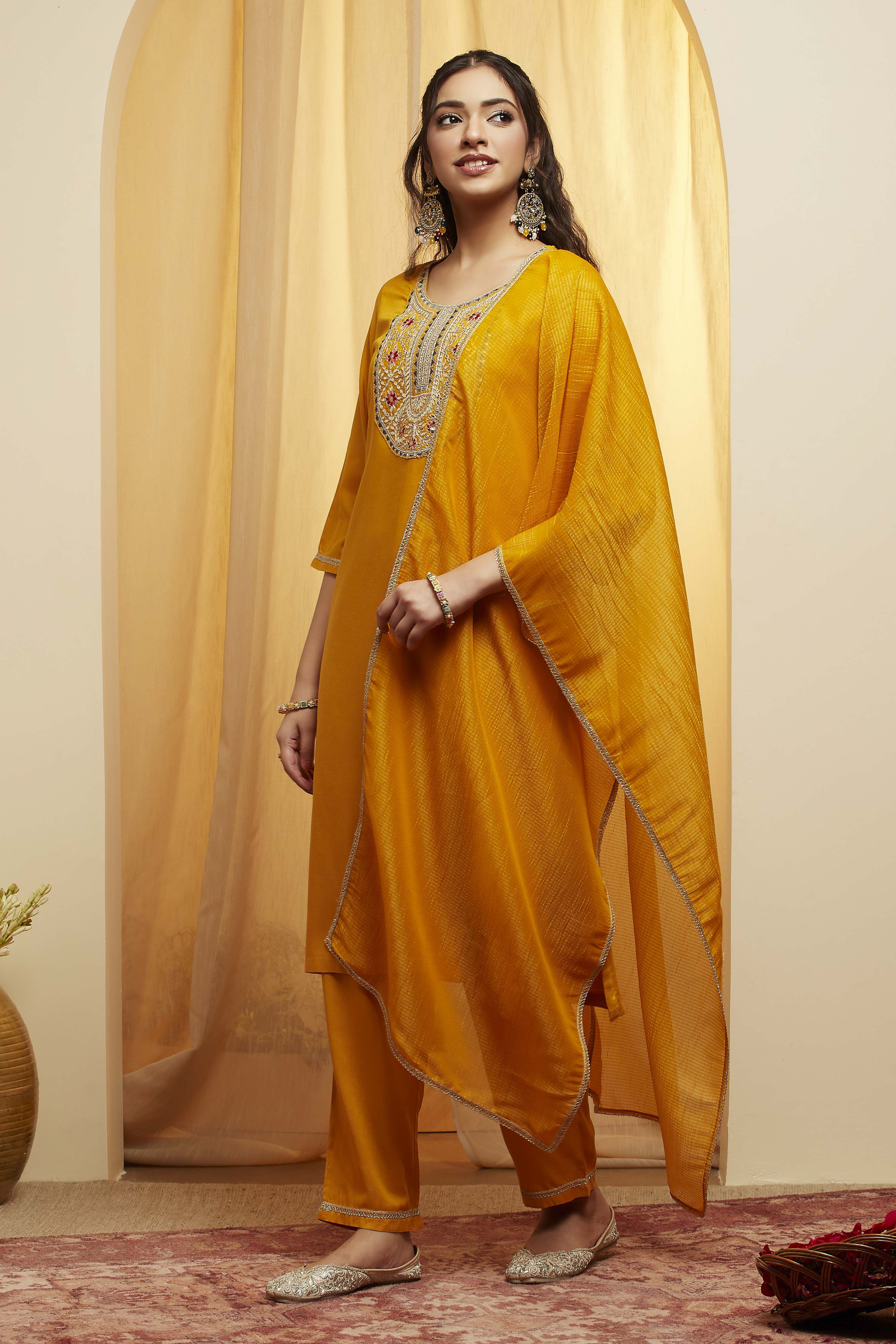 Mustard Viscose Rayon Straight Suit Set image number 3