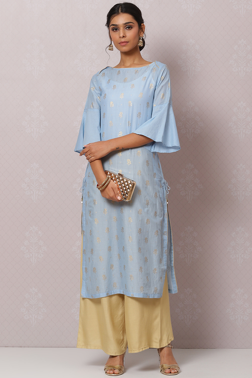 Blue Straight Cotton Kurta image number 5