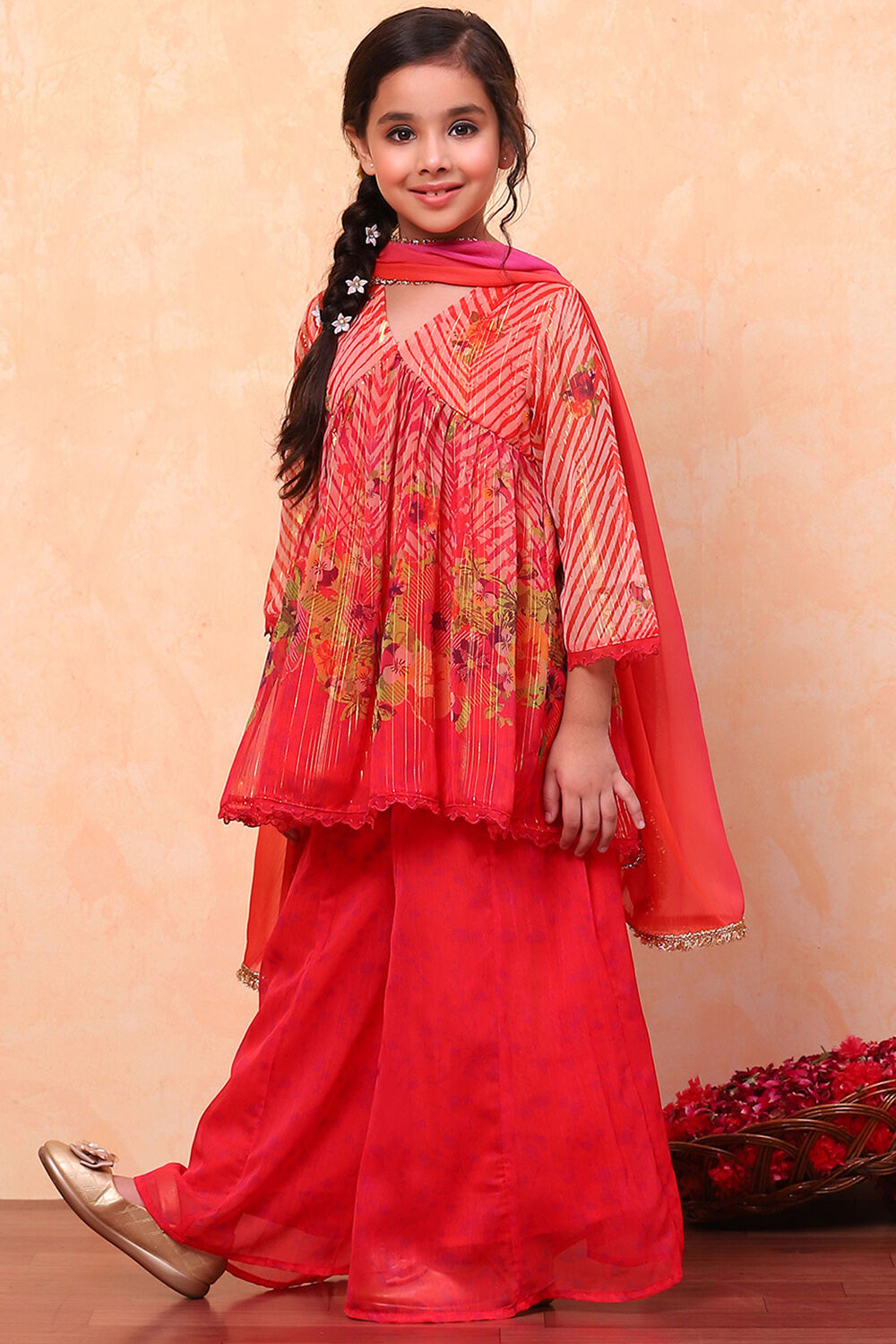 Coral Chiffon Floral Printed Festive Gathered Suit Set image number 5