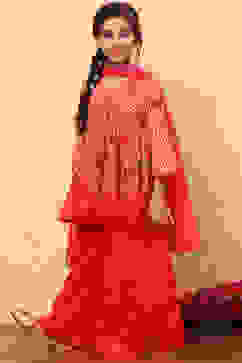 Coral Chiffon Floral Printed Festive Gathered Suit Set image number 5