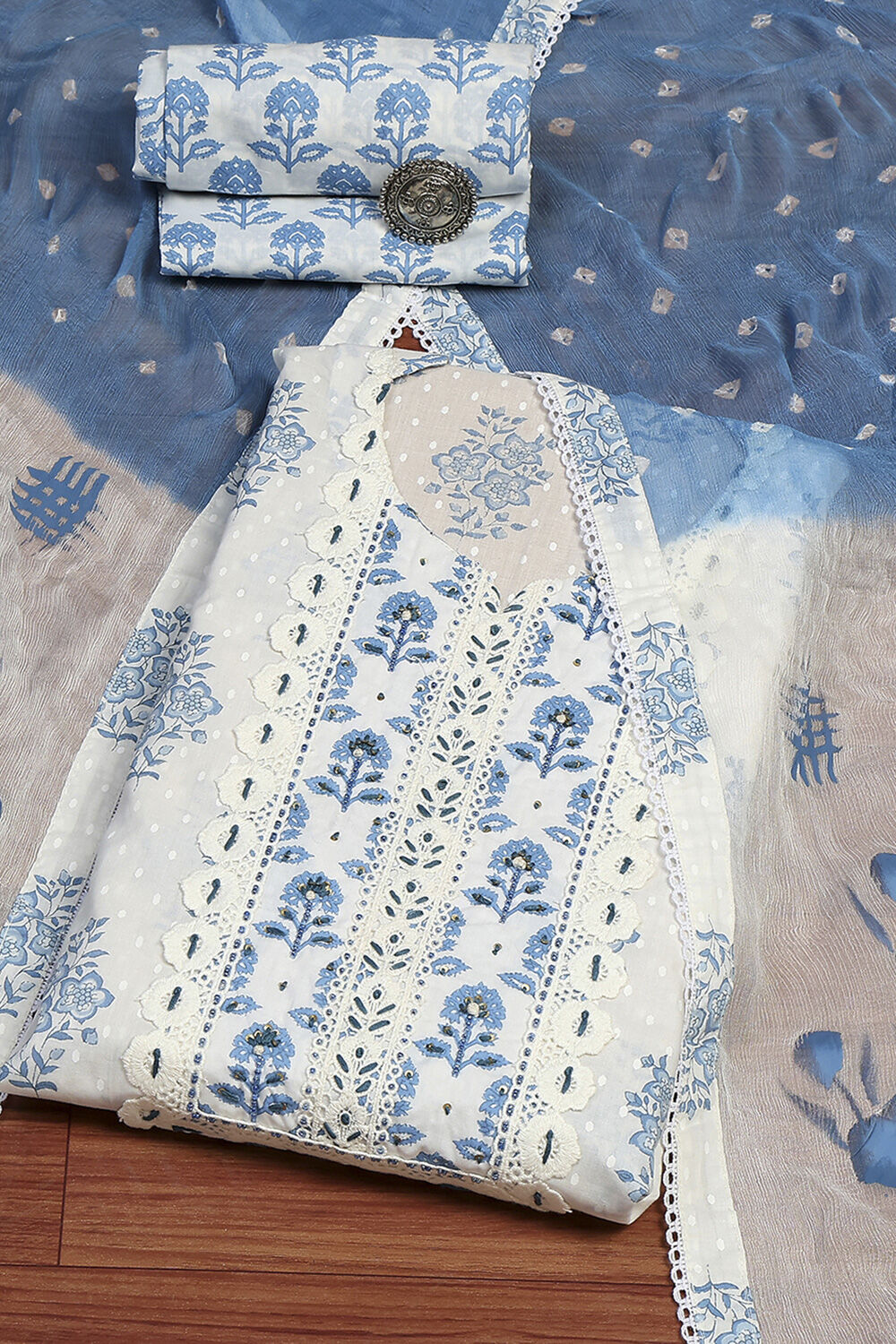 Blue Cotton Hand Embroidered Unstitched Suit Set image number 0