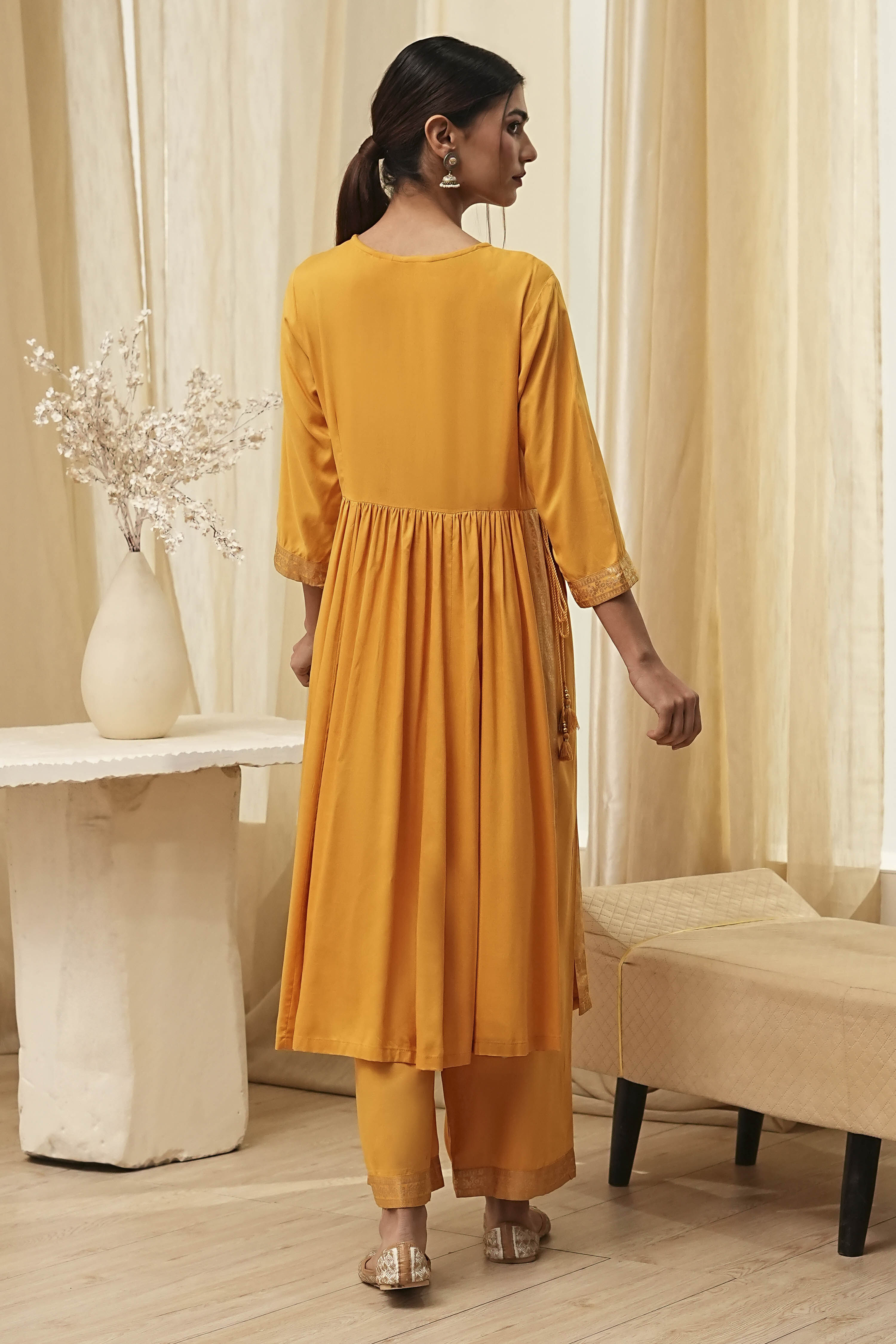 Ochre Yellow Viscose Embellished Gathered Suit Set image number 4