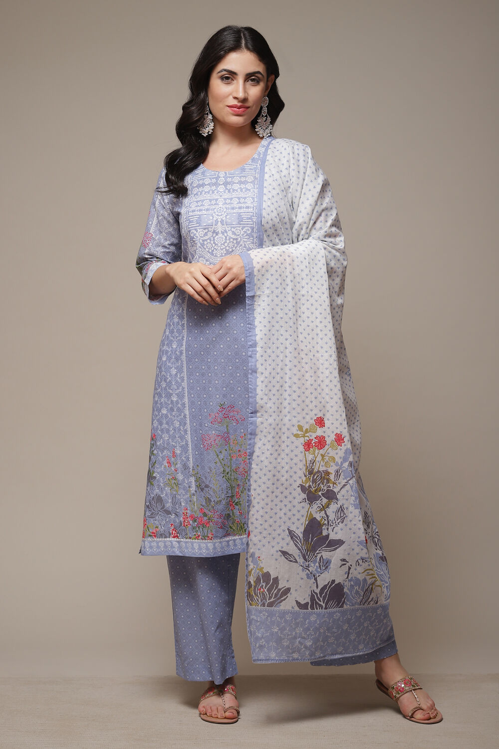 Powder Blue Cotton Straight Kurta Palazzo Suit Set image number 1