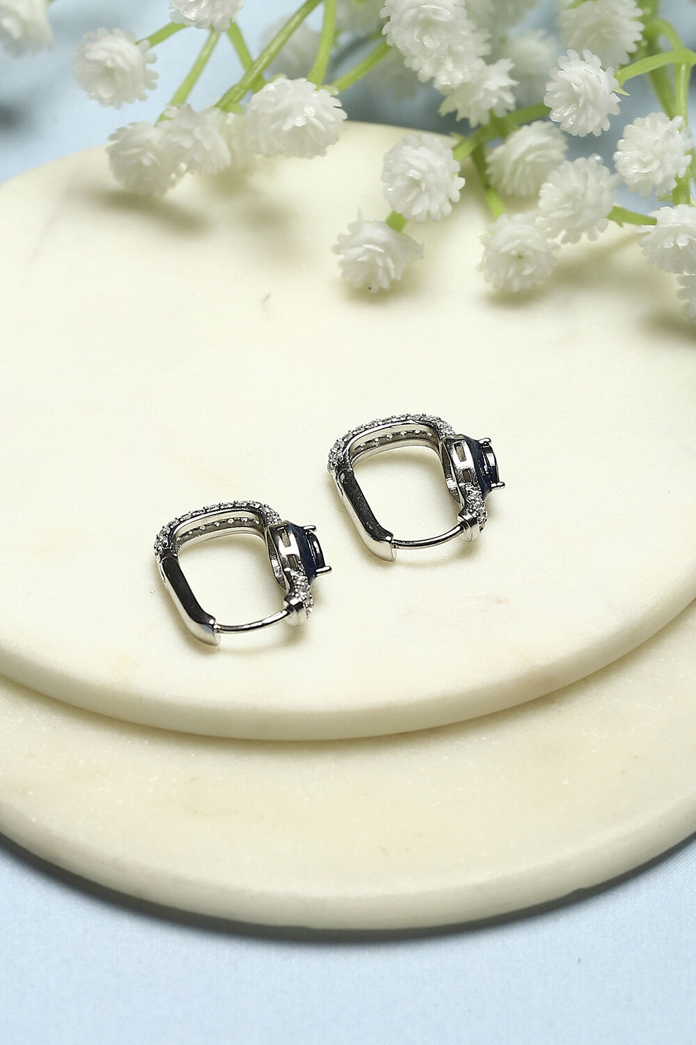 Navy Blue Silver-Plated CZ Studded Rectangular Hoops image number 2