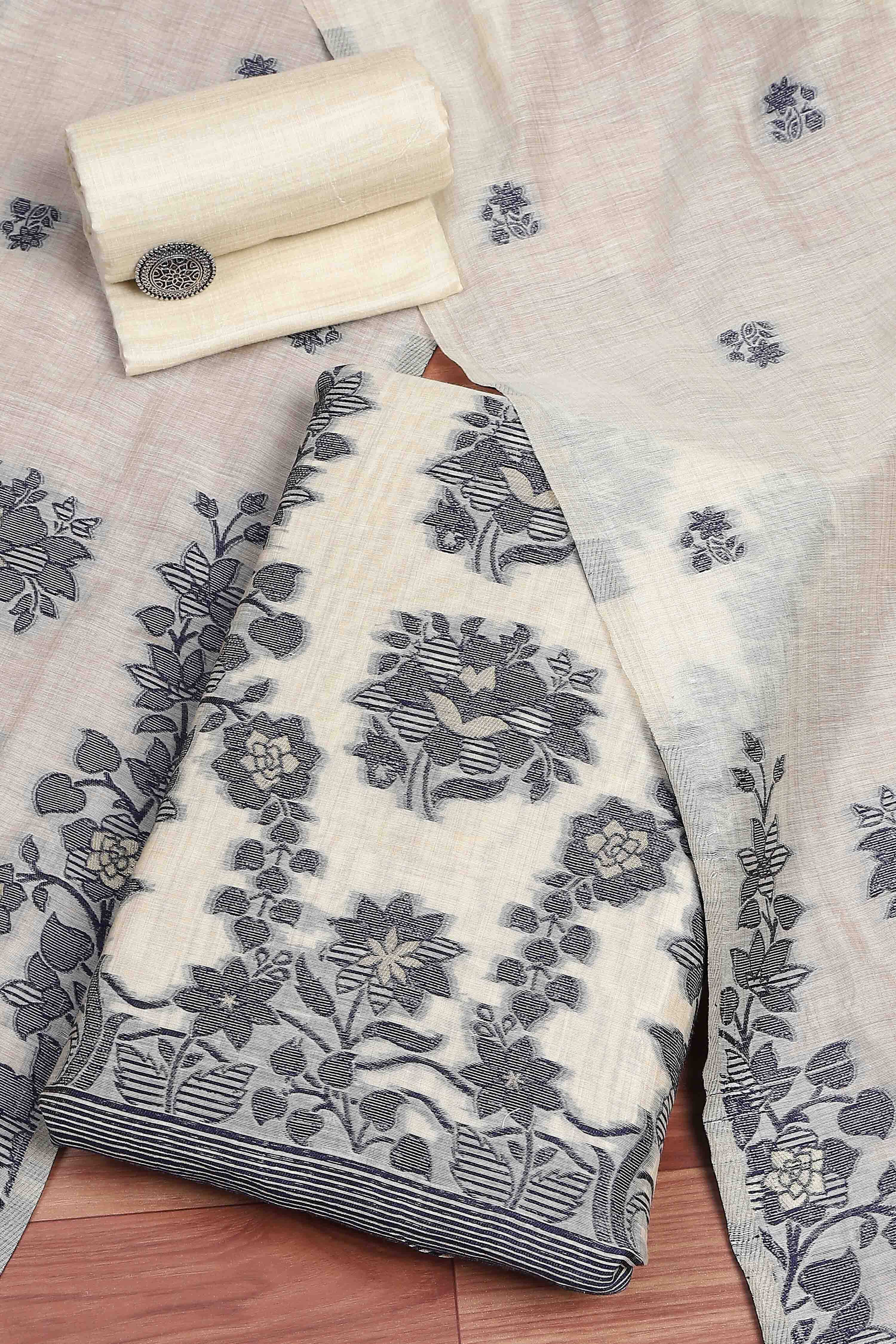 Blue Chanderi Printed Unstitched Suit Set image number 0