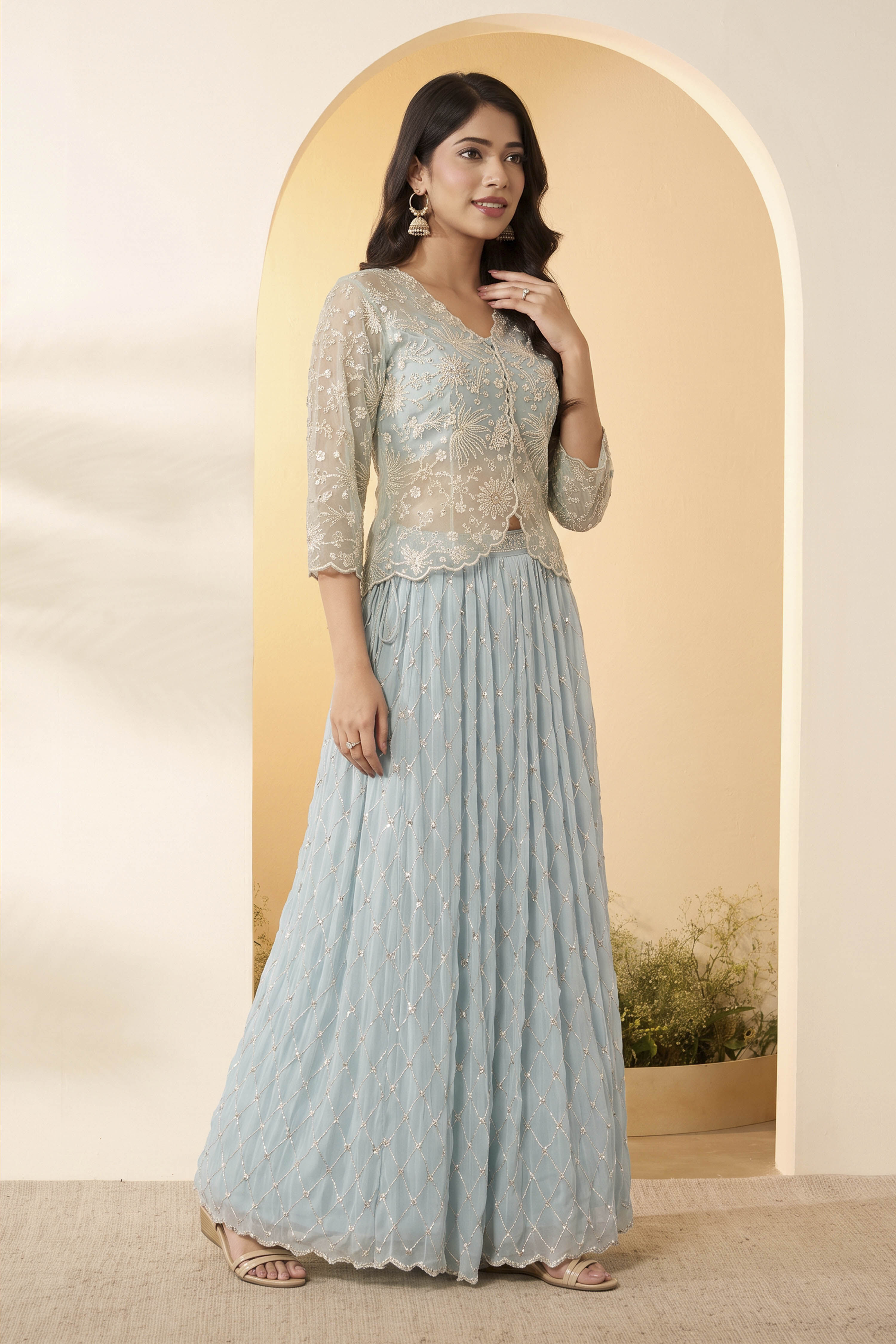 Powder Blue Embroidered Kalidar Fusion Set image number 2