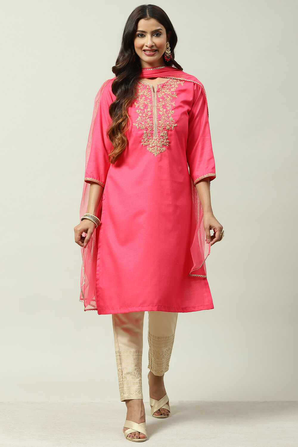 Fuschia Cotton Straight Kurta Pant Suit Set image number 0