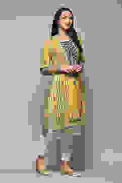 Yellow Printed Straight Kurta image number 3