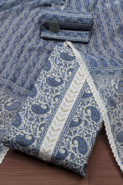 Blue Cotton Screen Print Unstitched Suit Set image number 0