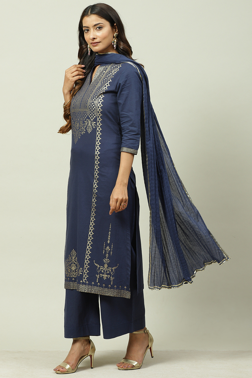 Mustard Printed Cotton Straight Kurta Palazzo Suit Set image number 5