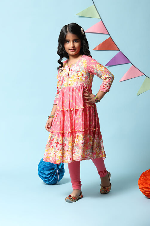 Yellow Rayon Flared Printed Kurta Set image number 3