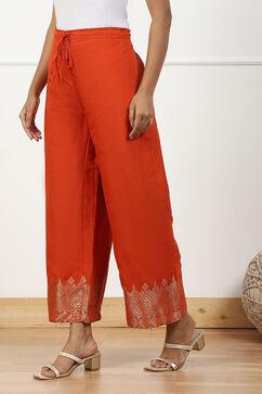 Orange Jacquard Solid Straight Palazzo Pants image number 2