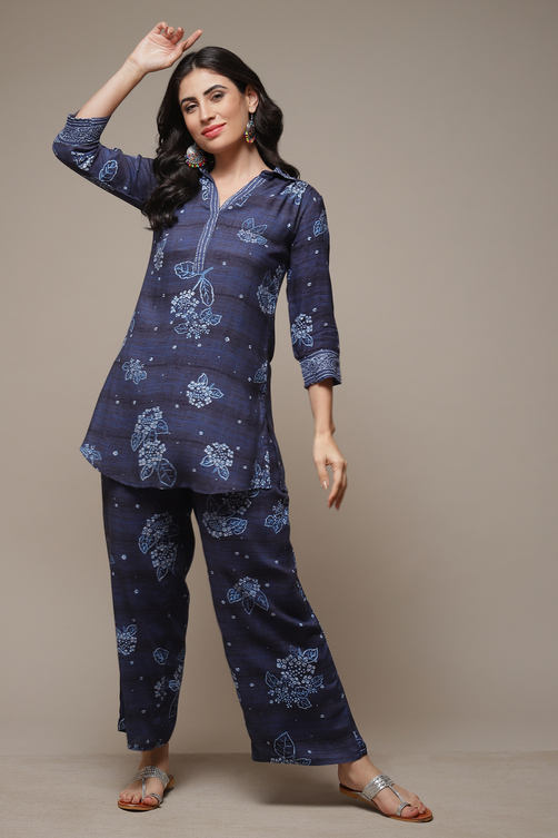 Indigo LIVA Straight Printed Kurta image number 0