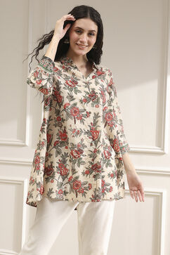 Off-White and Red Cotton A-Line Shirt image number 5