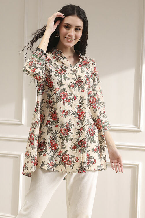 Off-White and Red Cotton A-Line Shirt image number 5
