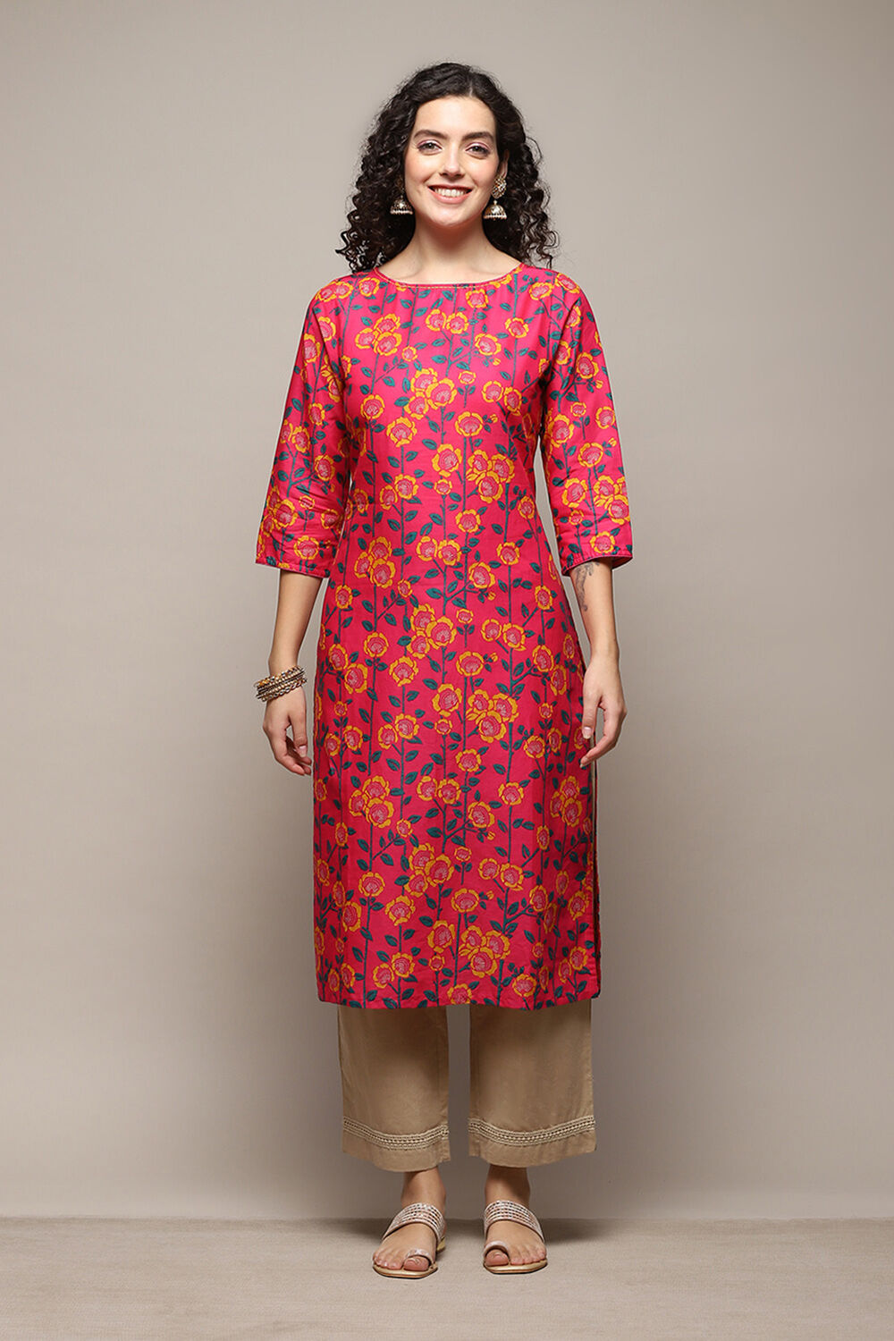 Fuchsia Cotton Straight Printed Kurta image number 0
