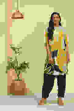 Lime Green and Grey Floral Printed Fusion Kurta Set image number 0