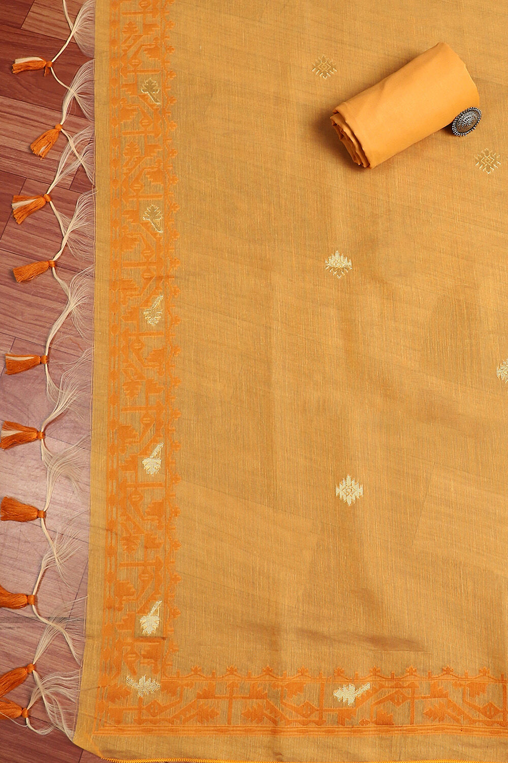 Beige and Yellow Chanderi Handloom Unstitched Suit Set image number 4