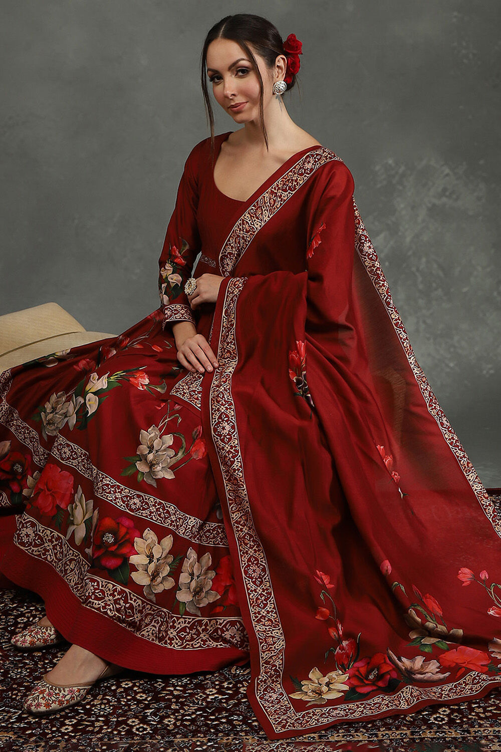 Rohit Bal Maroon Silk Chanderi Floral Anarkali Suit Set image number 0