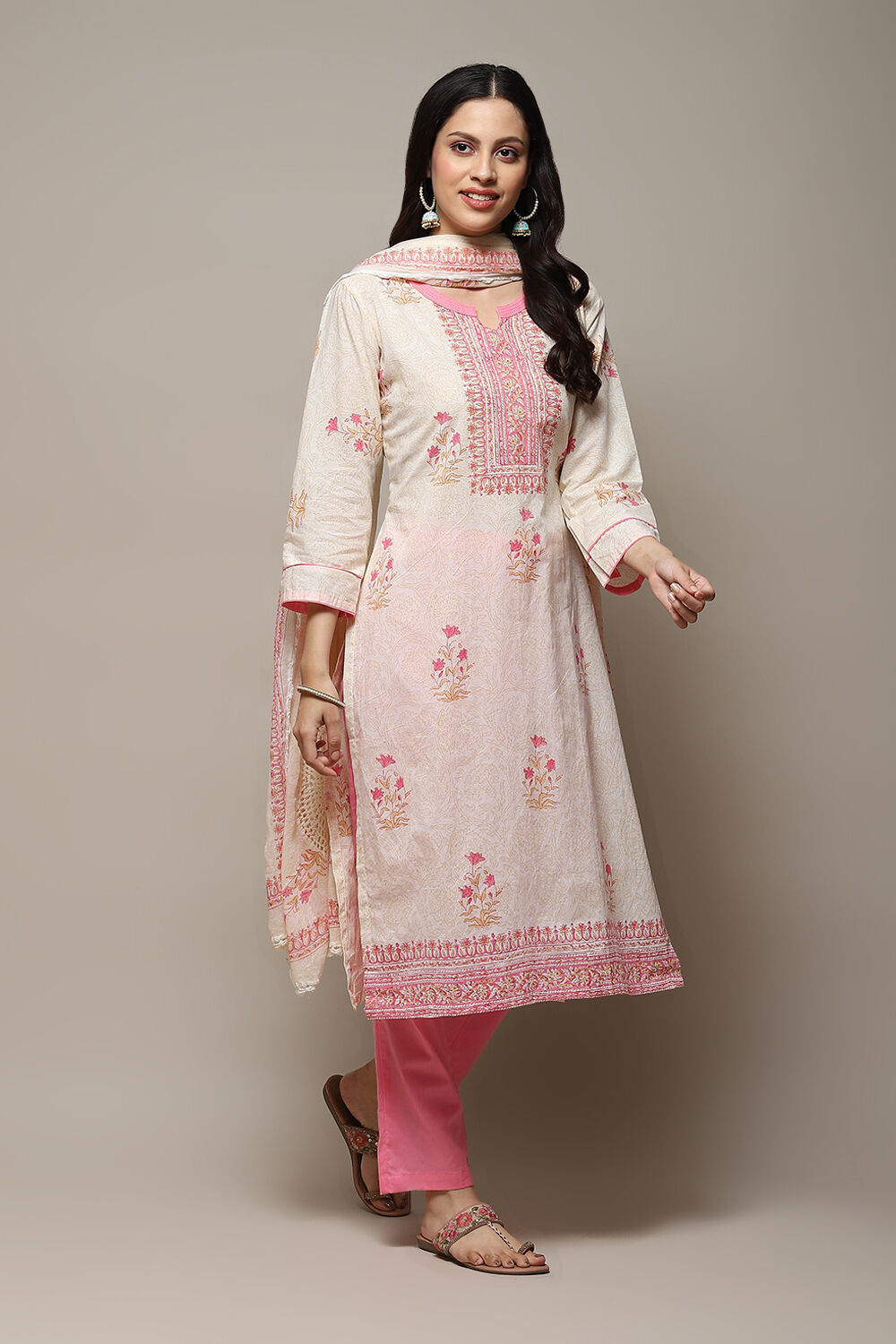 Pink Cotton Hand Embroidered Unstitched Suit Set image number 7