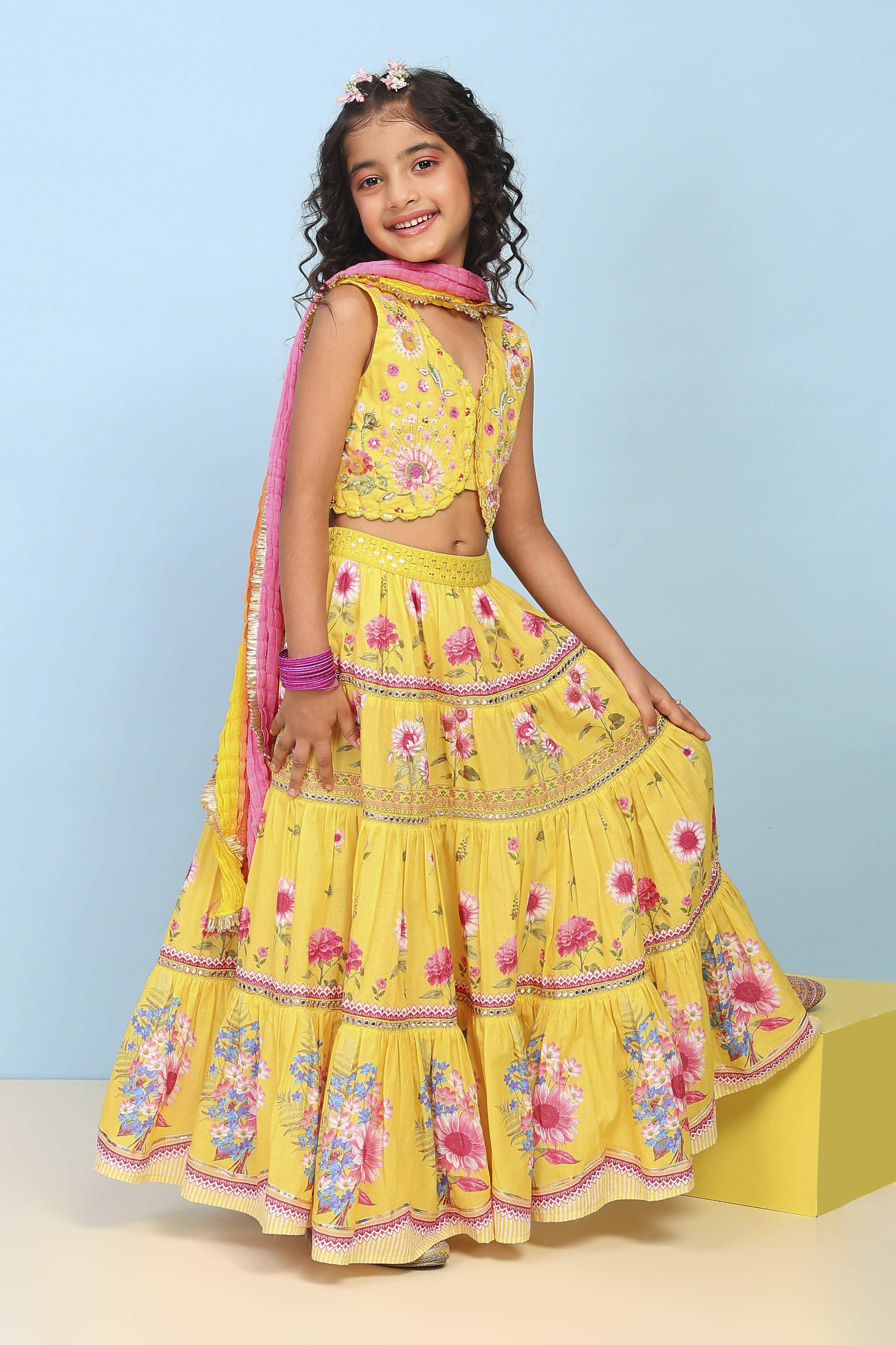 Yellow Cotton Tiered Lehenga Set image number 0